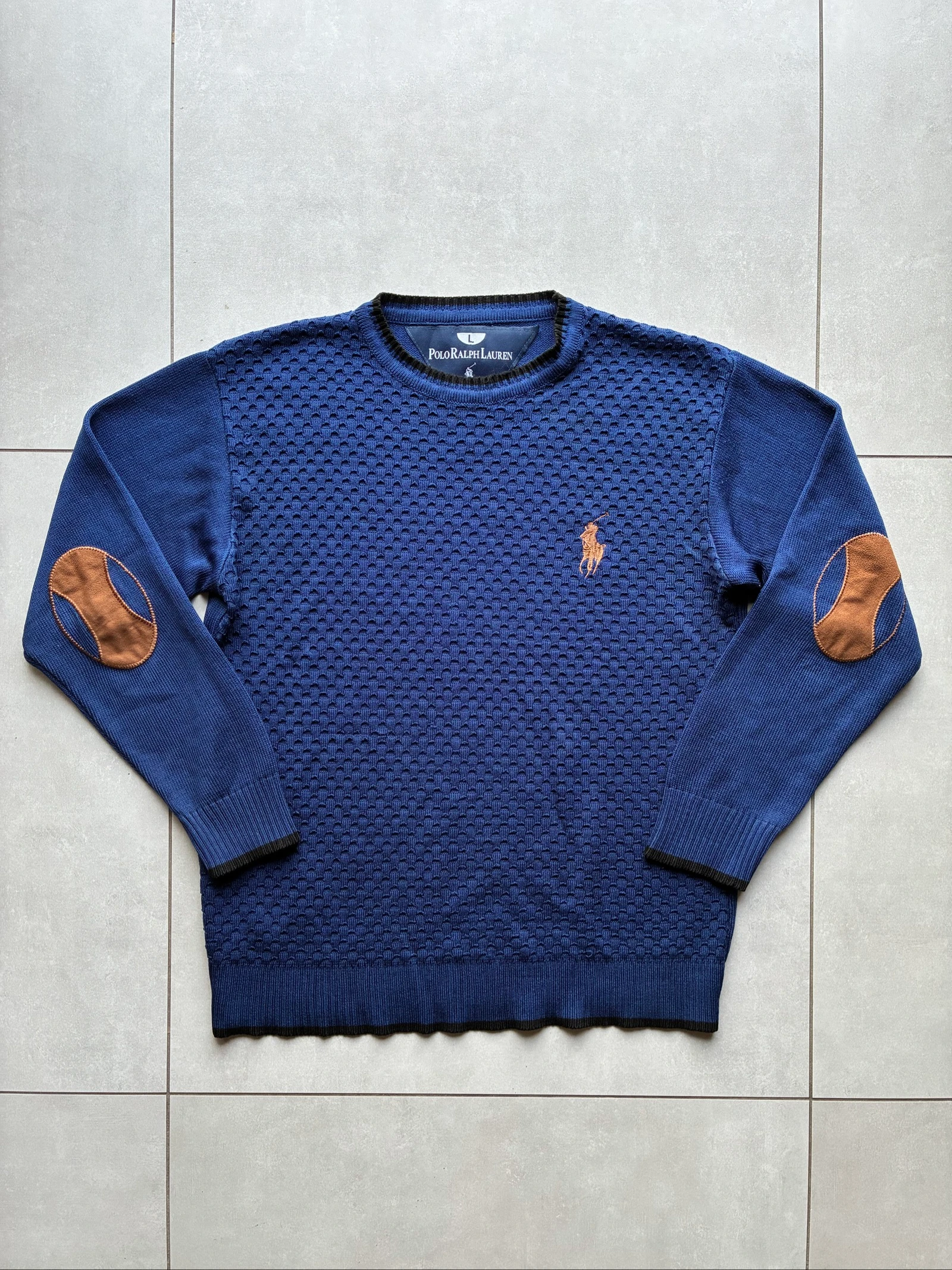 Polo Ralph Lauren Pull Bleu Col Rond Gaufré Vintage Y2K Logo Brodé Marron Patch Coudes